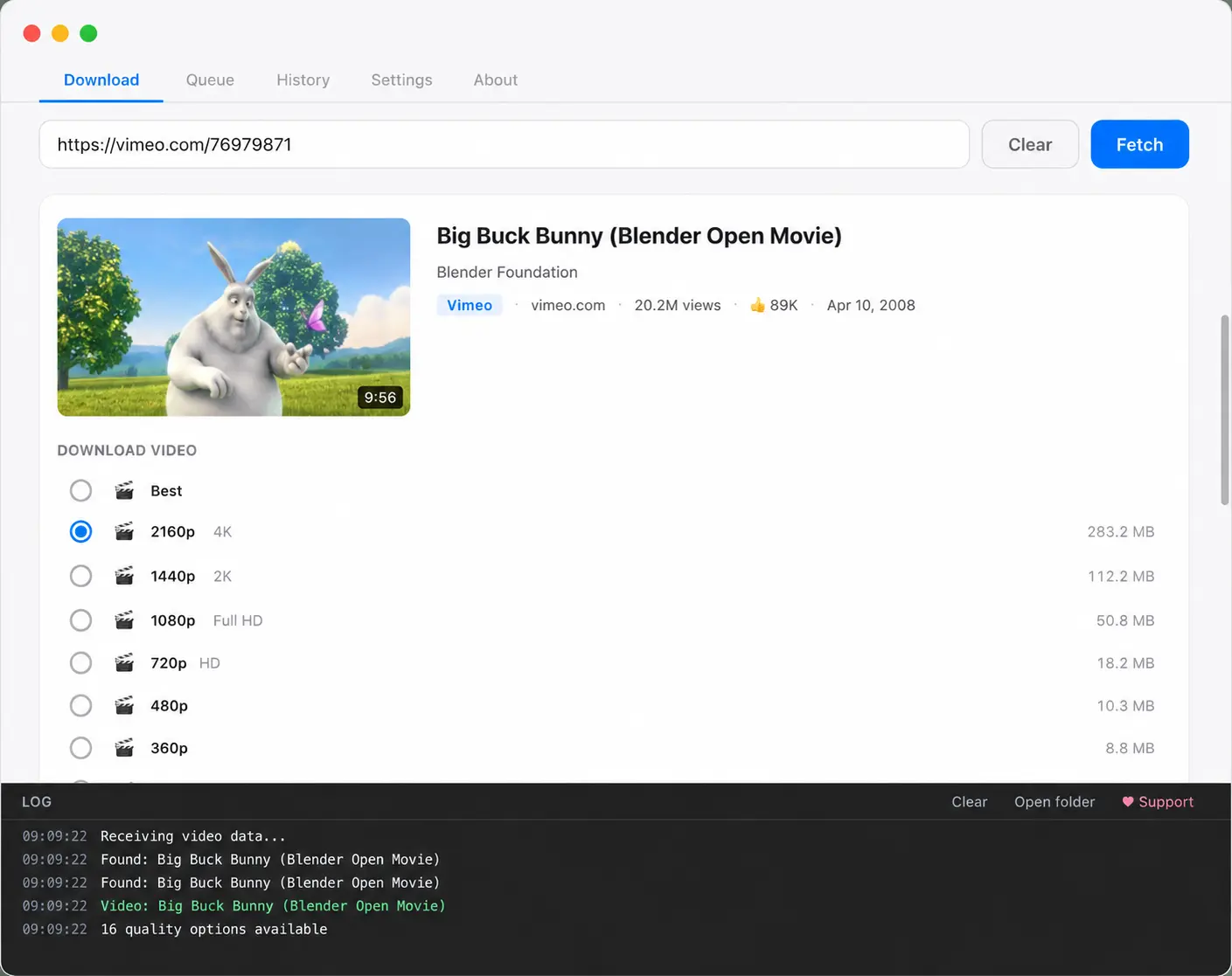 ArcDLP open source video downloader on macOS showing video metadata and 4K, 2K, 1080p and 720p quality presets with estimated file sizes