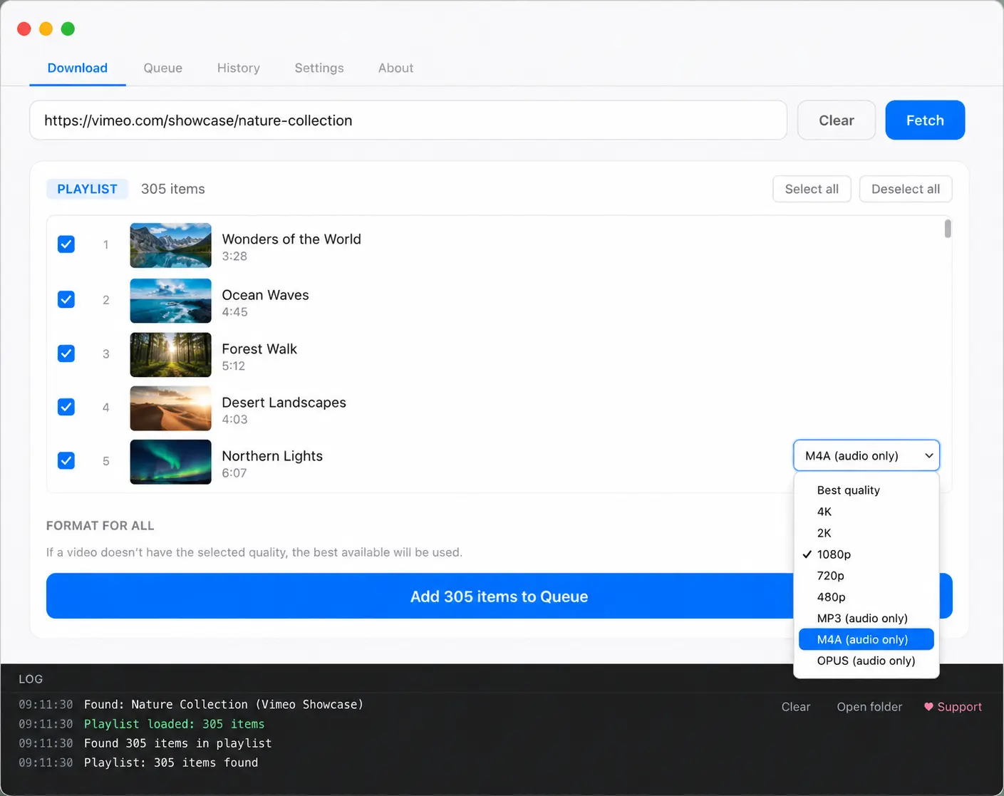 ArcDLP playlist downloader listing 305 items with checkboxes and a format dropdown offering 4K, 1080p, MP3, M4A and Opus for the whole batch